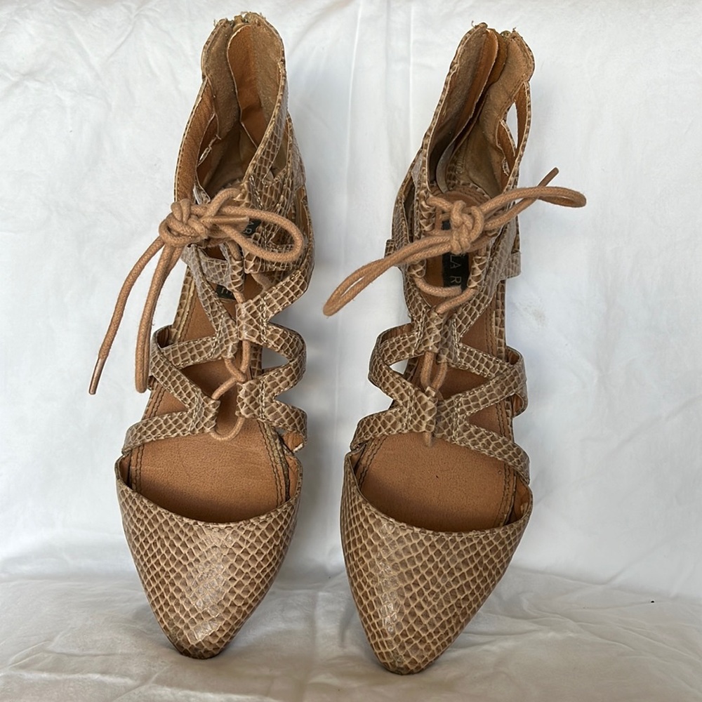 Izabella Rue Faux snakeskin ghillie sandals